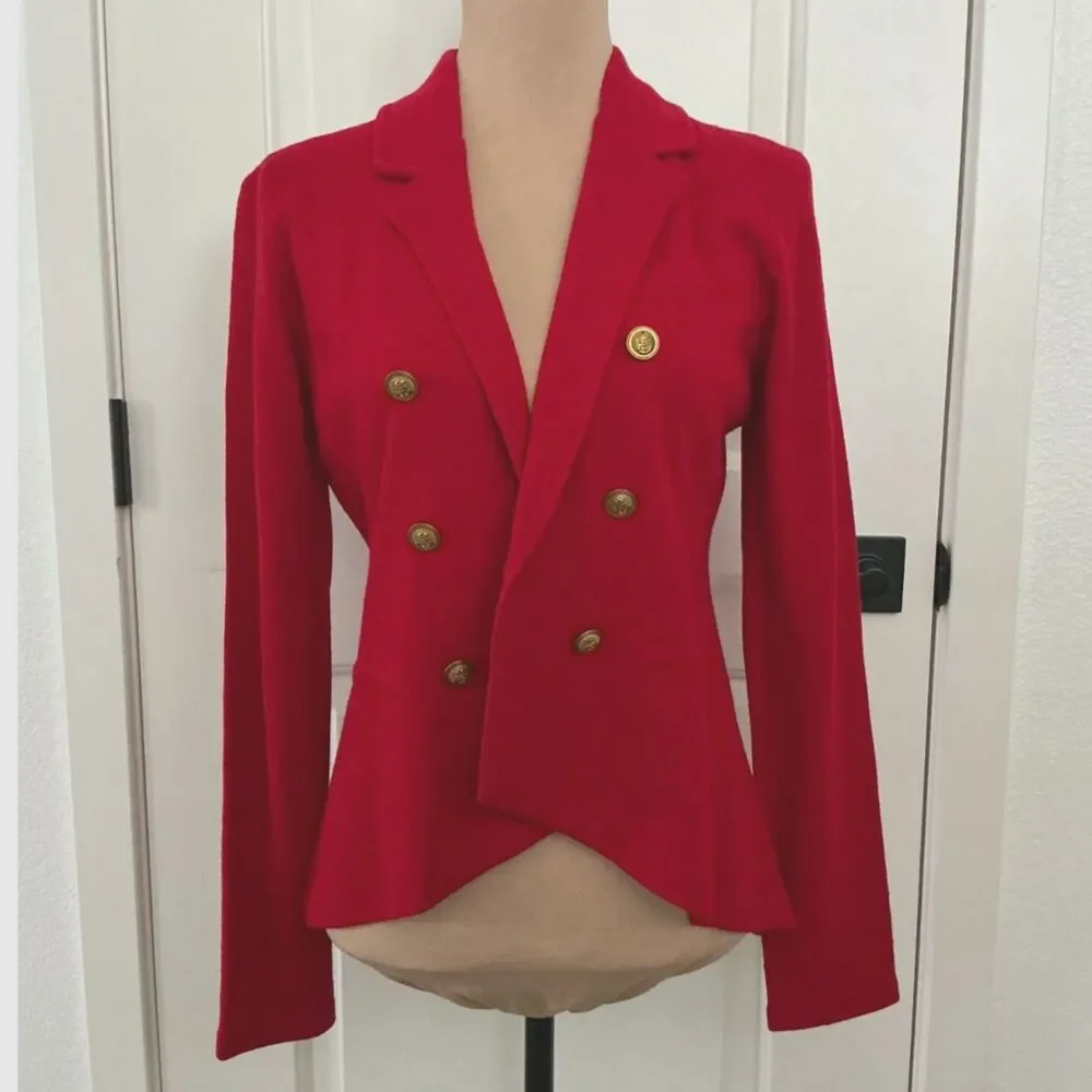 Gianni Bini Women’s M Red Wool Blend Double Breasted Gold Button Blazer
